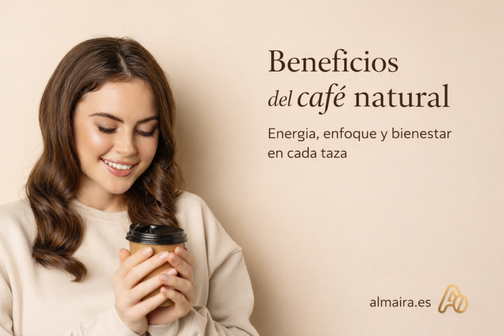 Mujer feliz tomando café por sus beneficios energéticos