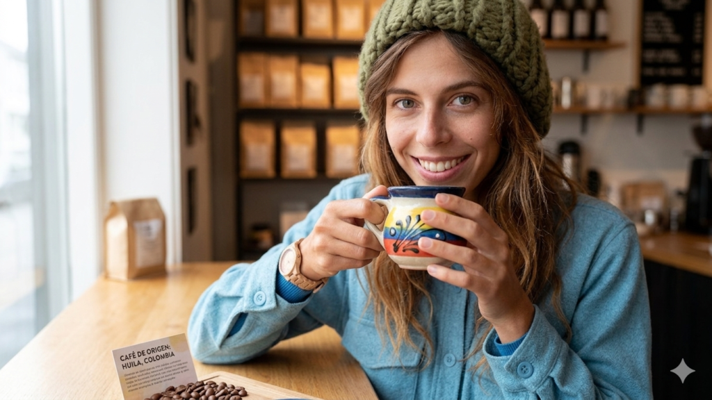 mujer disfrutando café de especialidad suave y no amargo en una cafetería