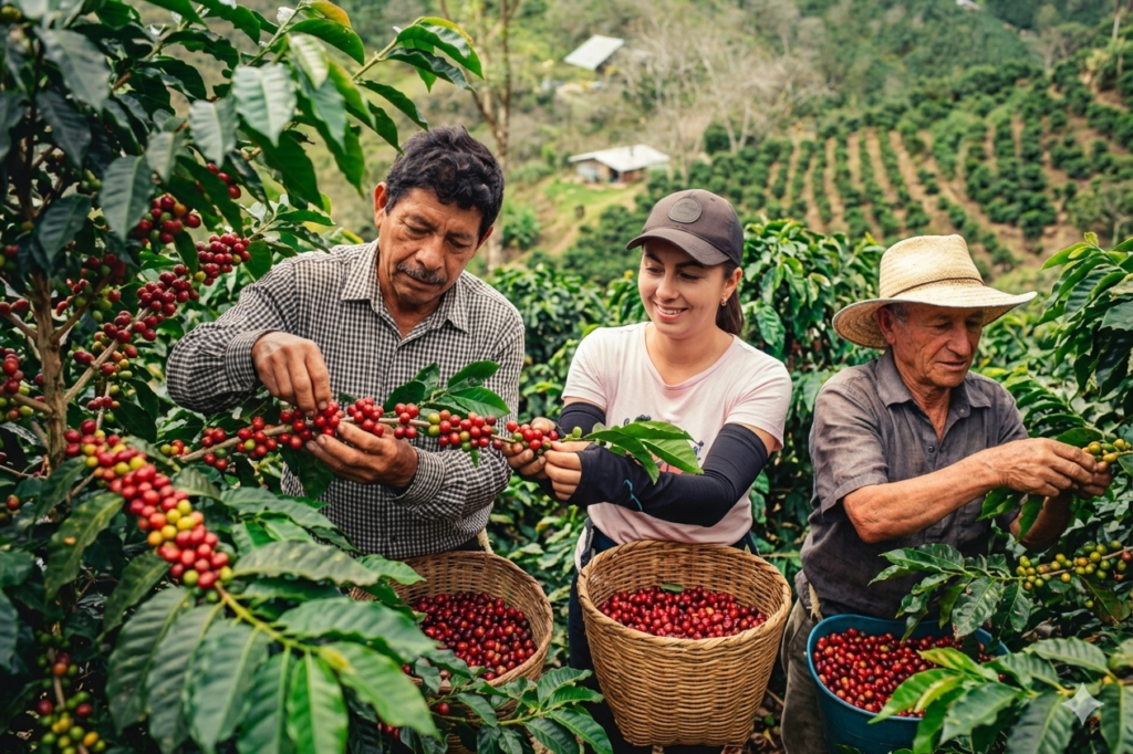 caficultores colombianos recolectando café de especialidad a mano