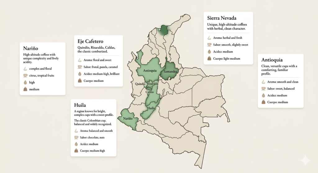 mapa de colombia con regiones cafeteras y perfil de sabor cafe huila nariño antioquia santander sierra nevada eje cafetero
