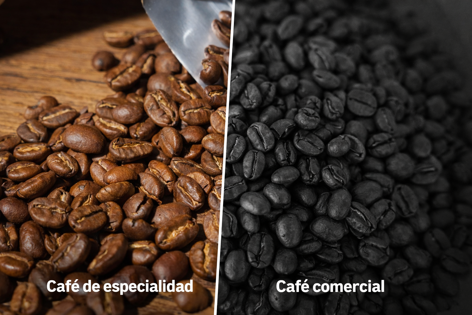 Comparación visual entre café de especialidad y café comercial mostrando diferencias de calidad