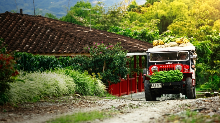 jeep willys cargado de café en el eje cafetero de Colombia rodeado de montañas y vegetación