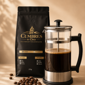 Pack premium de café colombiano Cumbres de Oro y prensa francesa de 600ml para preparar café de especialidad